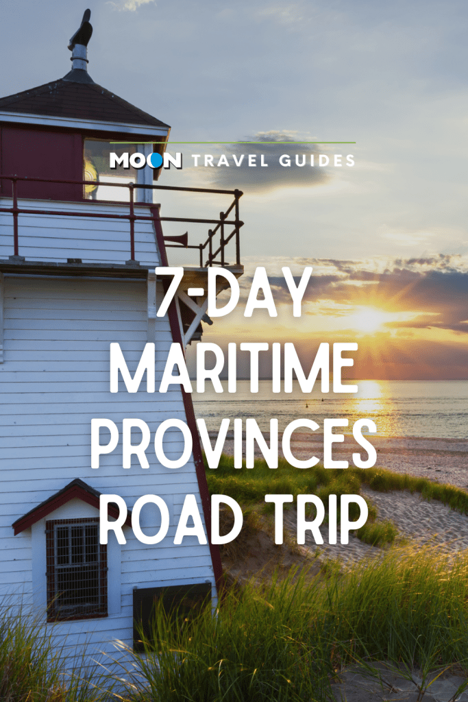 Image of lighthouse at sunset with text 7-Day Maritime Provinces Road Trip
