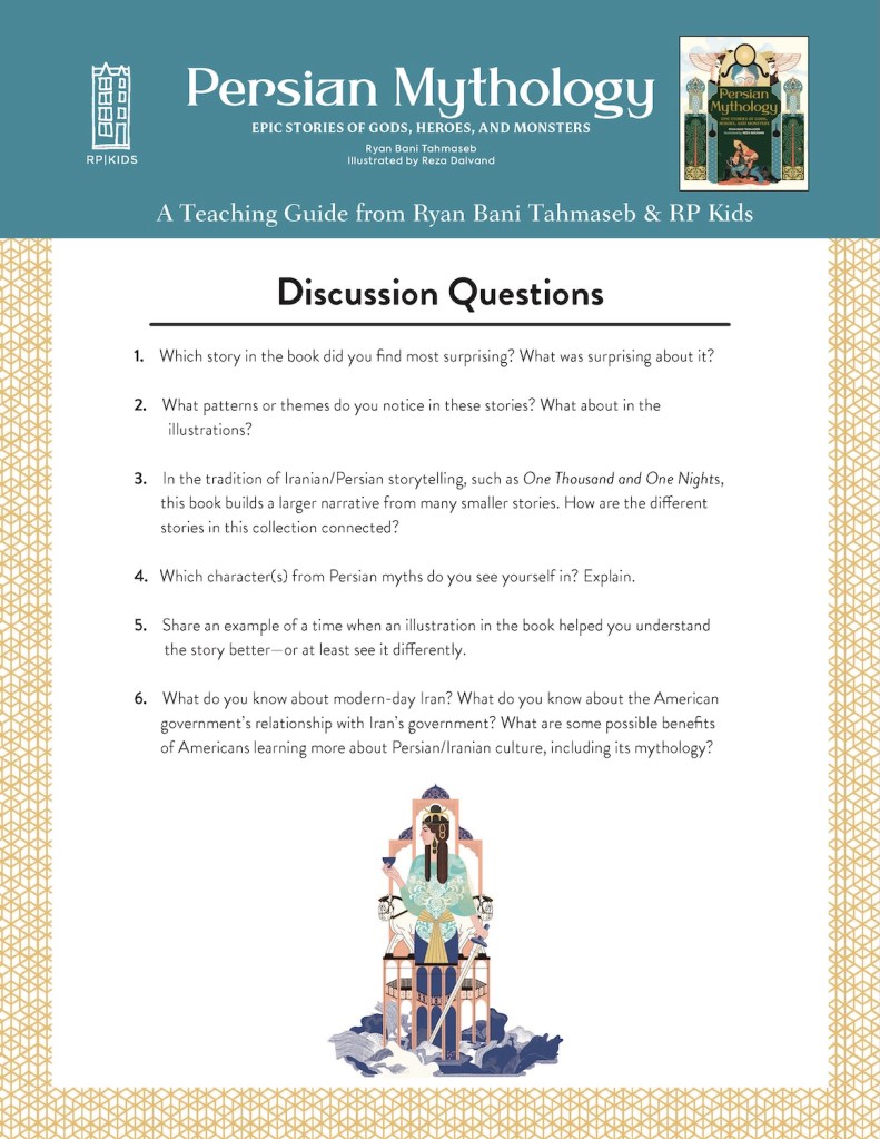 Page 1 of the Teaching Guide for Persian Mythology, showing Discussion Questions.
